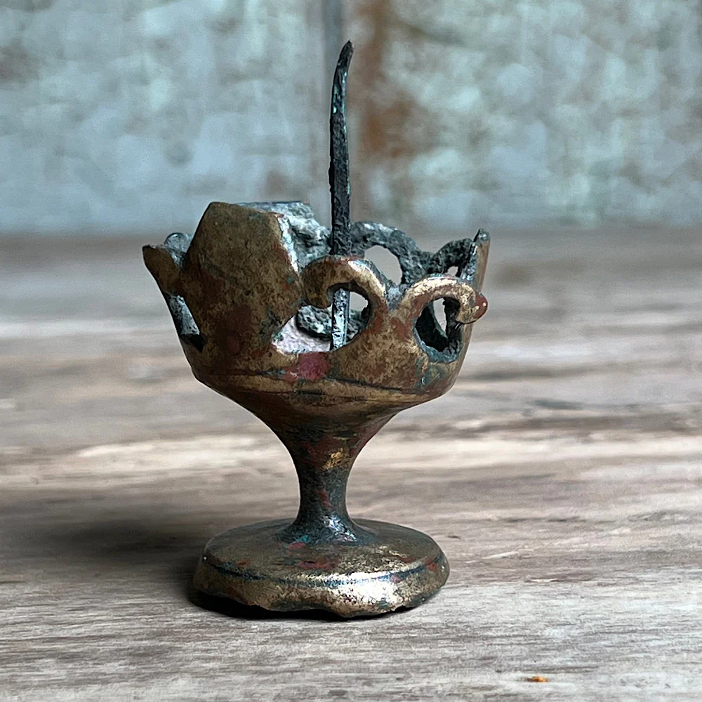 A Tiny 14th Century Gilt Bronze Pricket Travelling Candlestick - Image 3