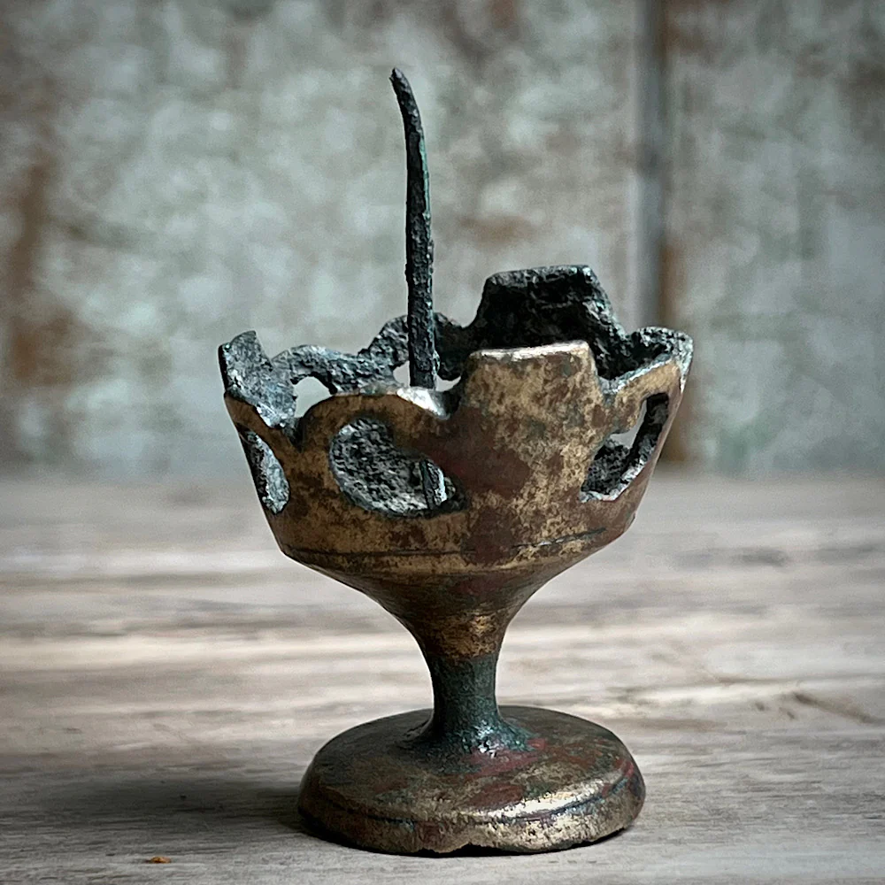 A Tiny 14th Century Gilt Bronze Pricket Travelling Candlestick - Image 6