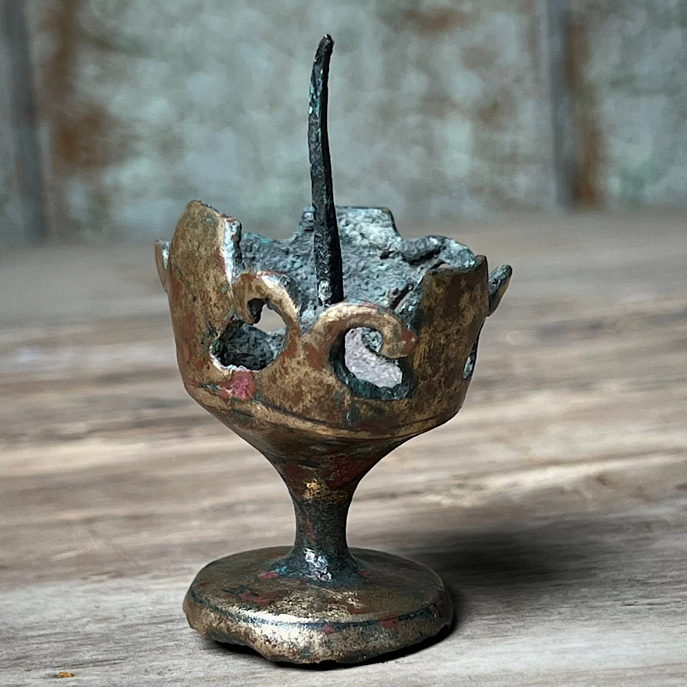 A Tiny 14th Century Gilt Bronze Pricket Travelling Candlestick - Image 8