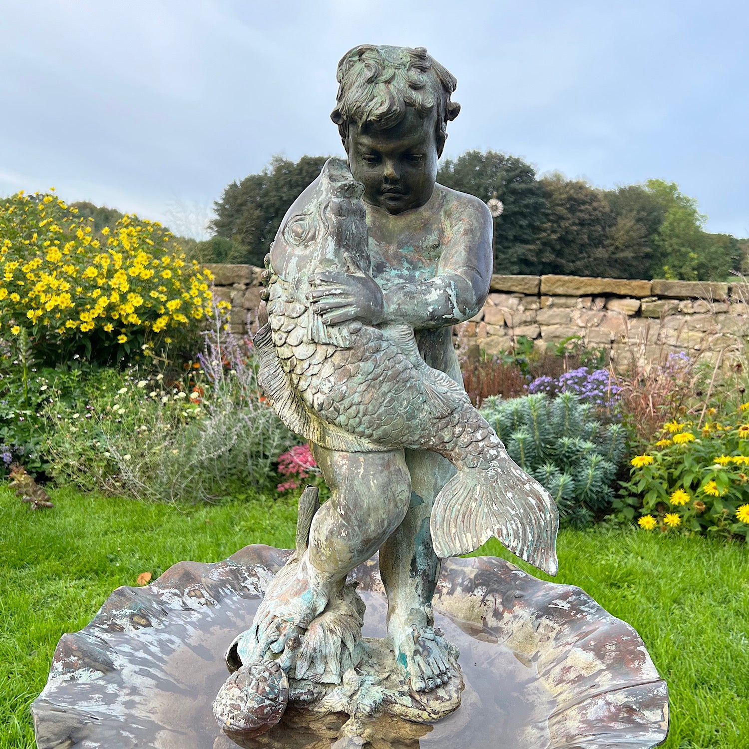 French Bronze Boy Holding Carp Fountain - Image 7