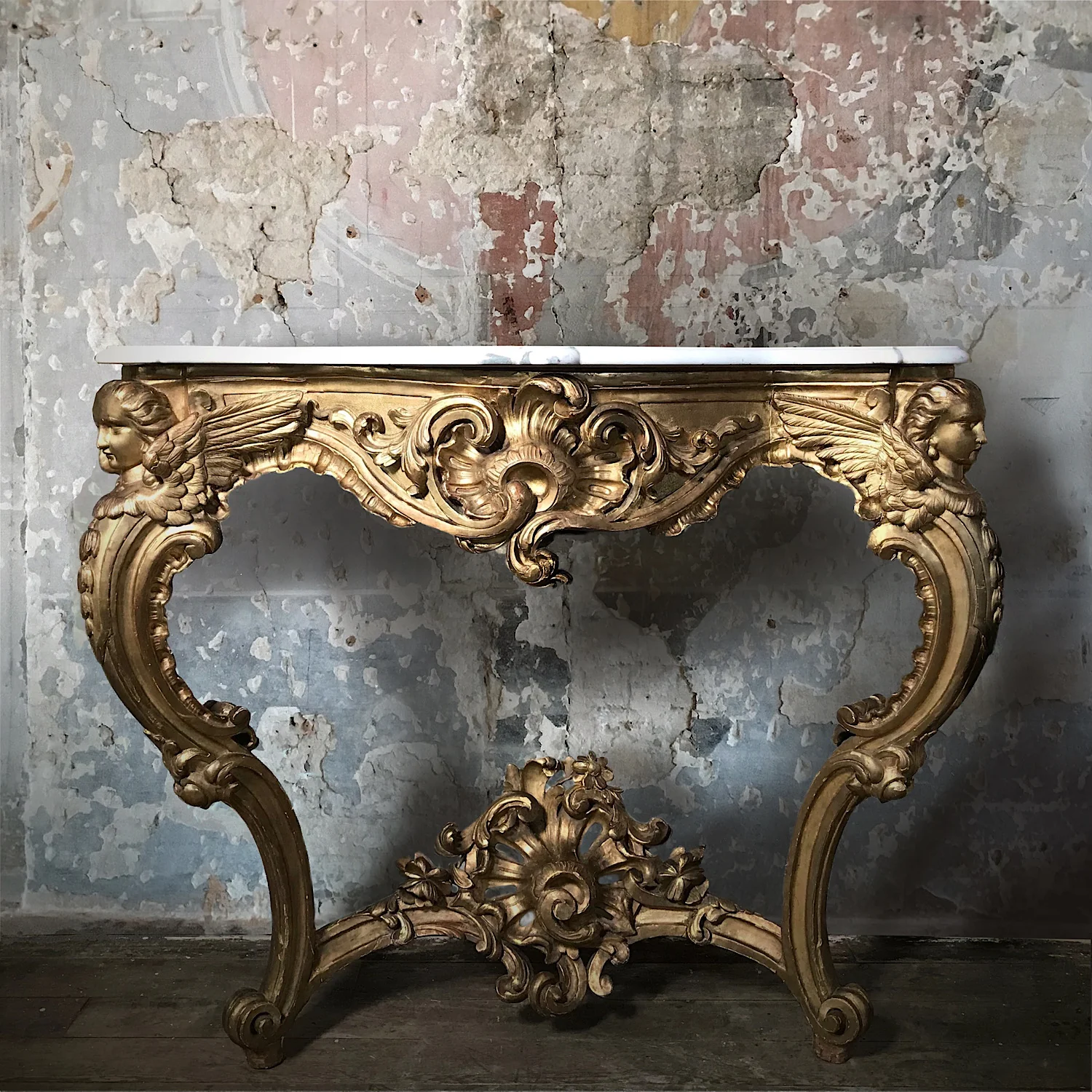 Large French Louis XV Style Giltwood Angel Console Table c.19th Century - Image 2