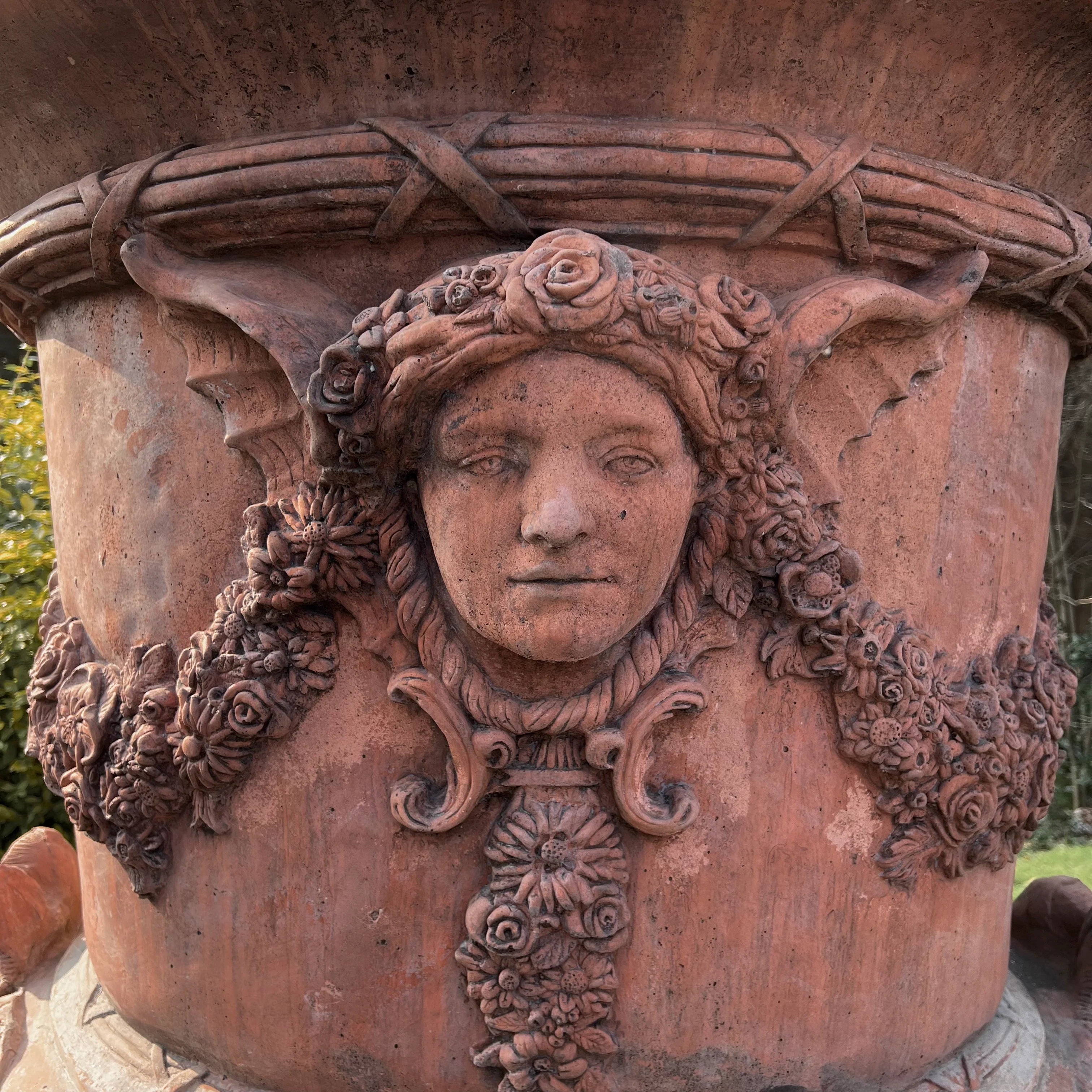 Monolithic Terracotta Rams Head and Winged Maiden Urn - Image 3