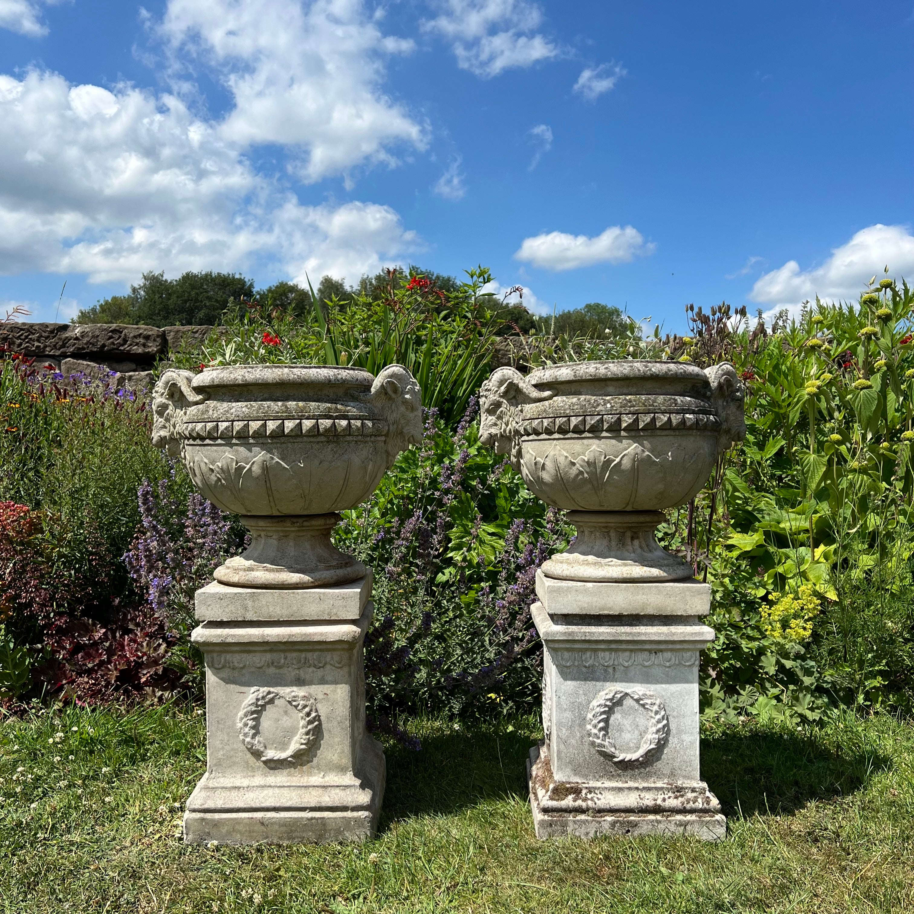 Pair of Composite Stone Rams Head Urns on Later Pedestals, Late 20th Century - Image 2