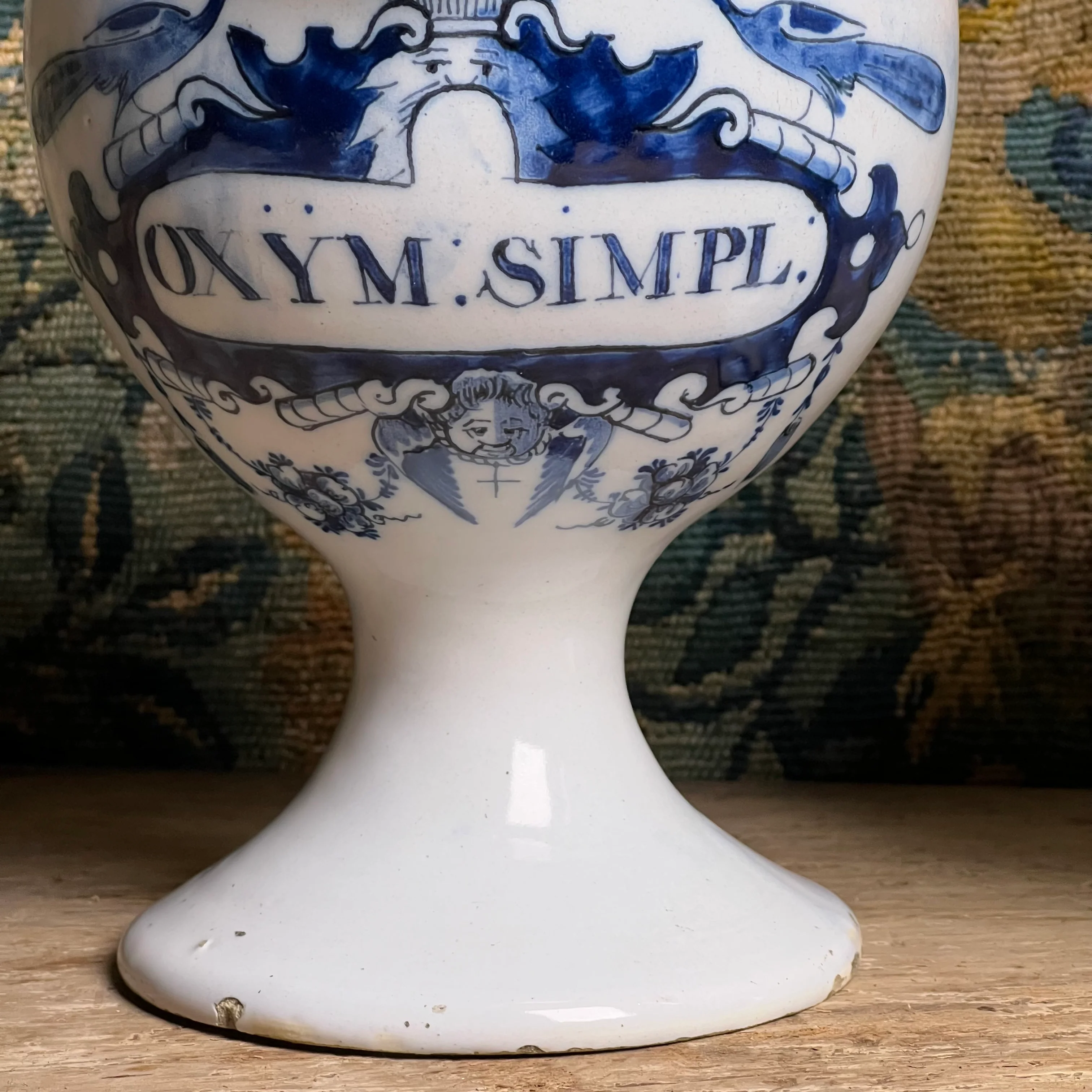 Pair of Dutch Delft Apothecary Syrup Jars, “Oxym. Simpl.” & “S. Rhei”, Mid-18th century (c.1730–1760) - Image 6