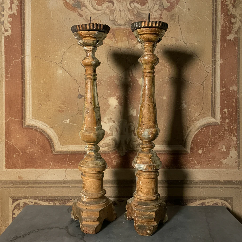 Pair of Italian Silver-Leaf Mecca Altar Pricket Candlesticks c.1750 - Image 4