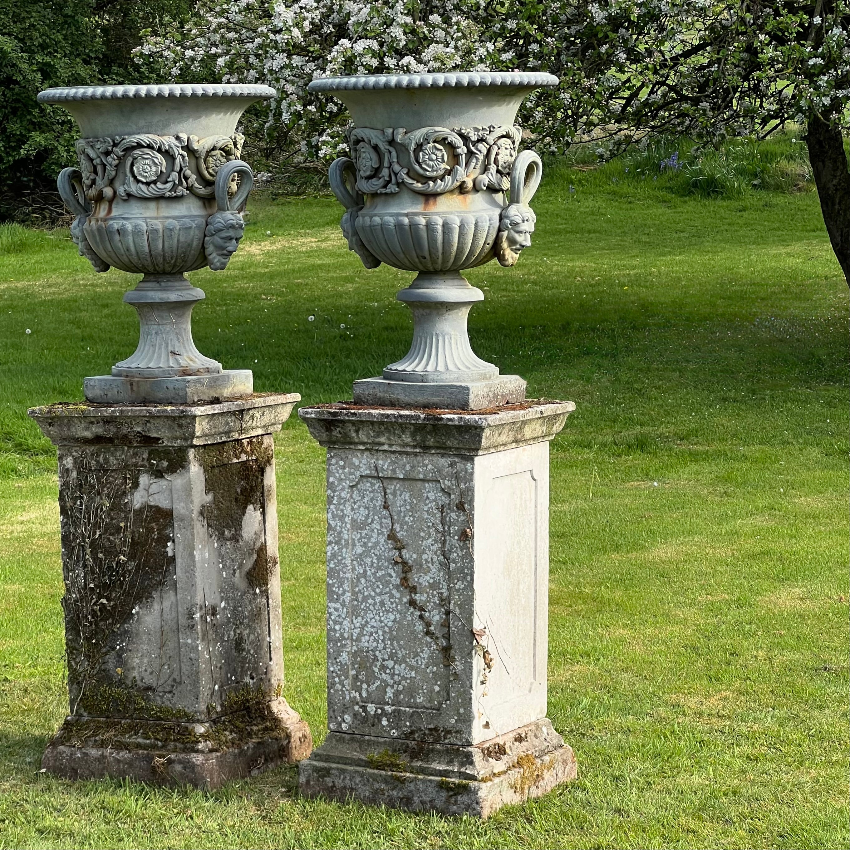 Exceptional Pair of English Campana Cast Iron Urns by Handyside Co. c.1870 with Plinths - Image 3