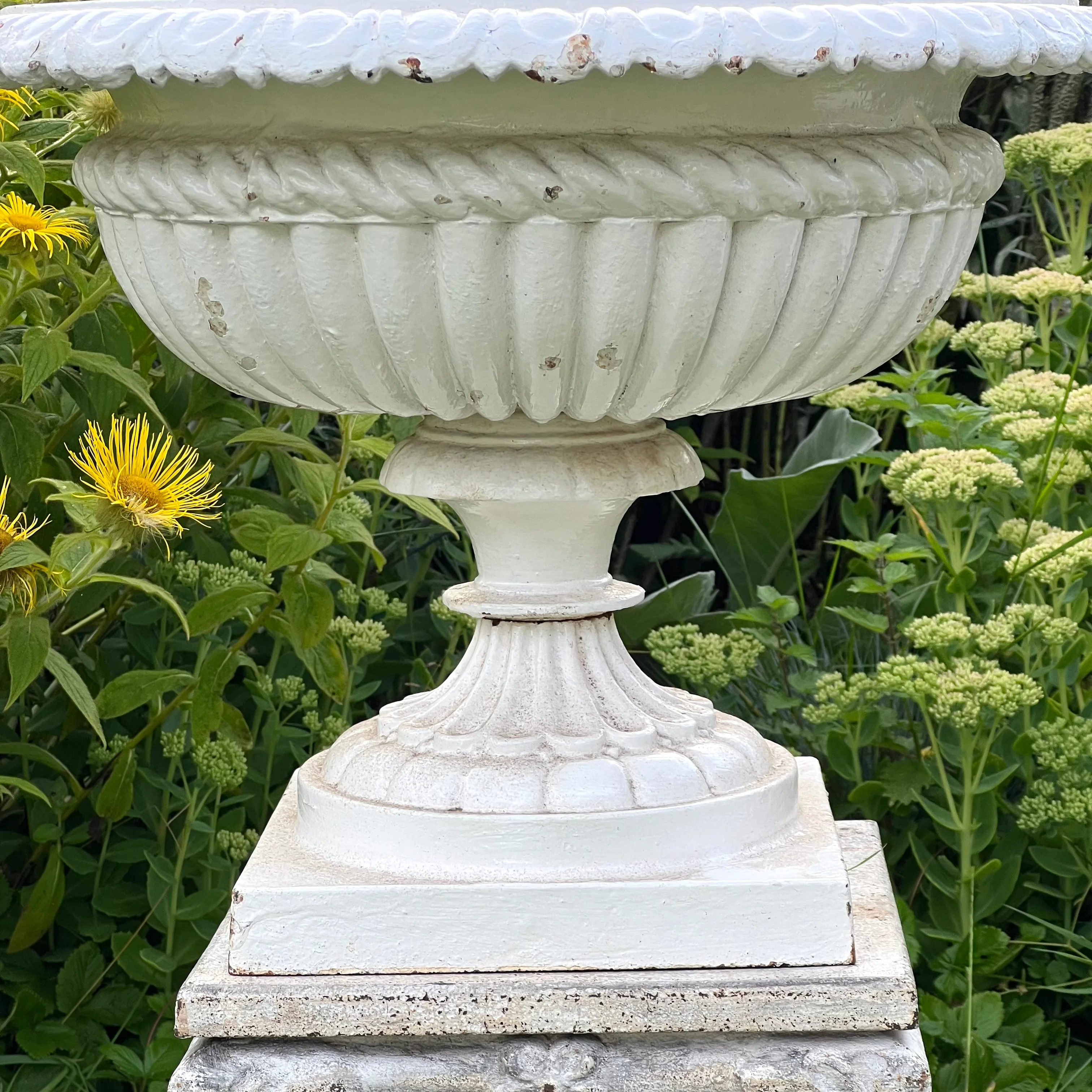 Pair of English Victorian Cast Iron Garden Urns on Ornamented Bases - Image 17