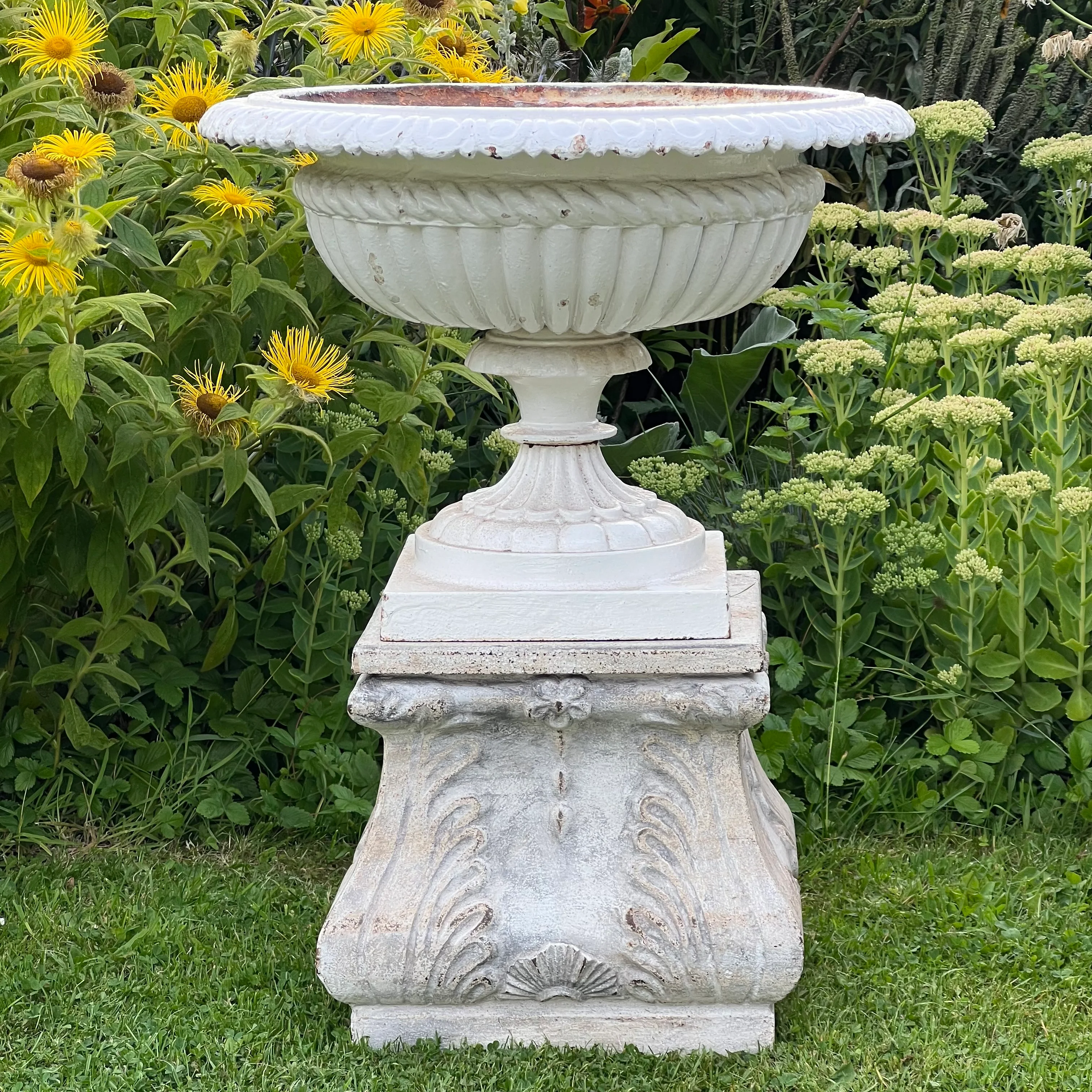Pair of English Victorian Cast Iron Garden Urns on Ornamented Bases - Image 19