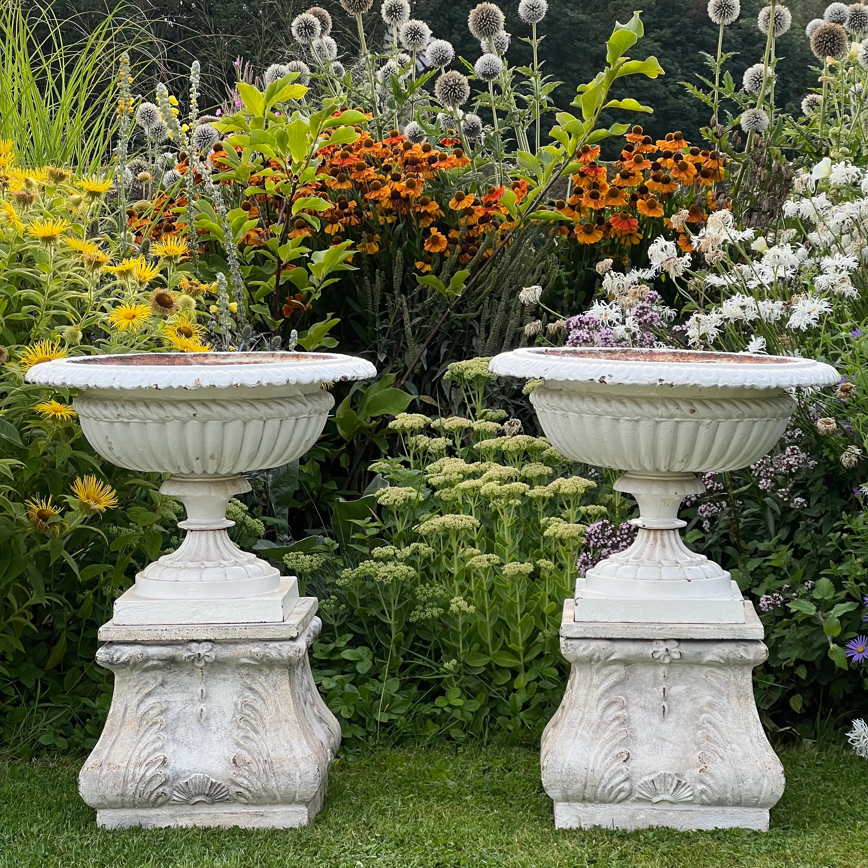 Pair of English Victorian Cast Iron Garden Urns on Ornamented Bases - Image 21