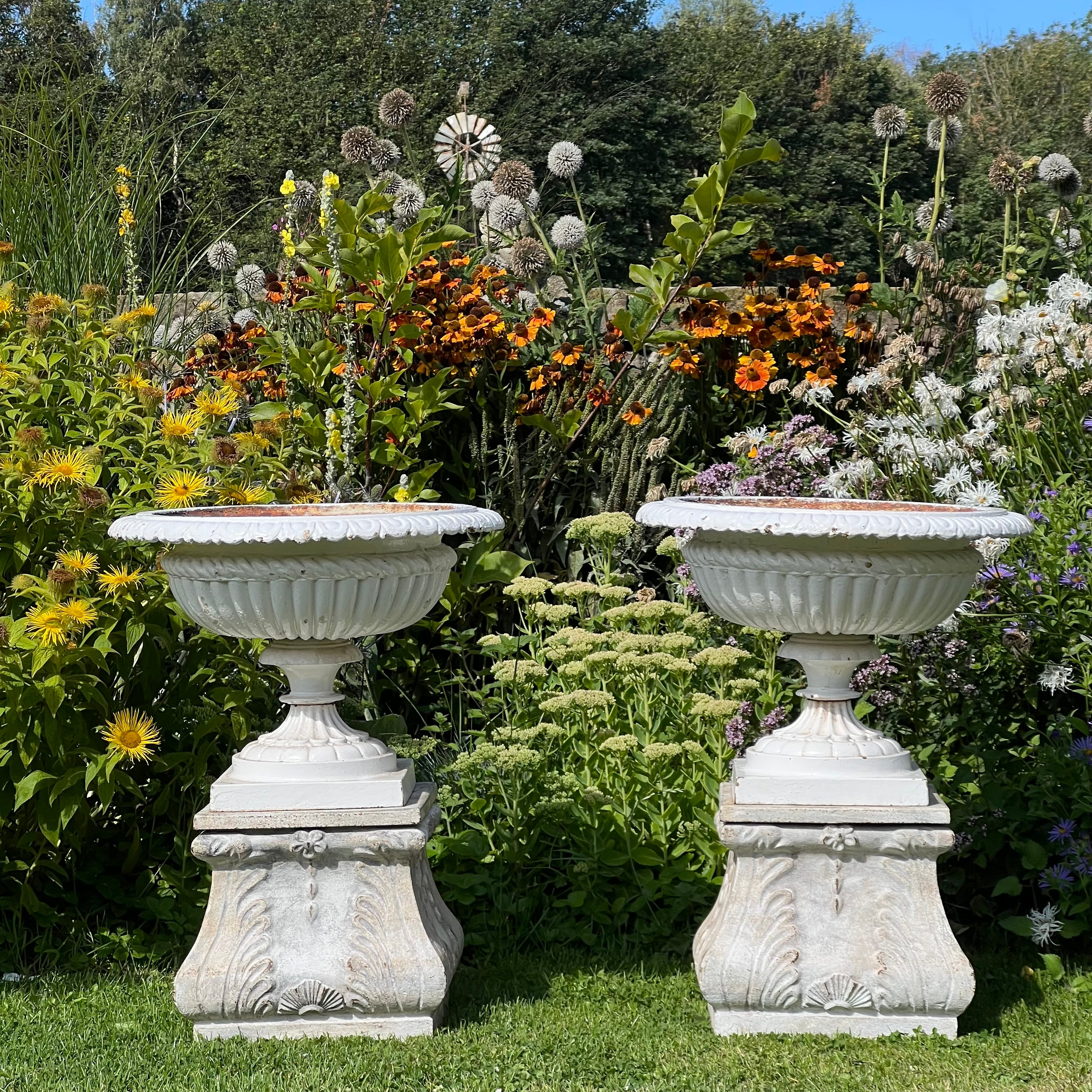 Pair of English Victorian Cast Iron Garden Urns on Ornamented Bases - Image 6