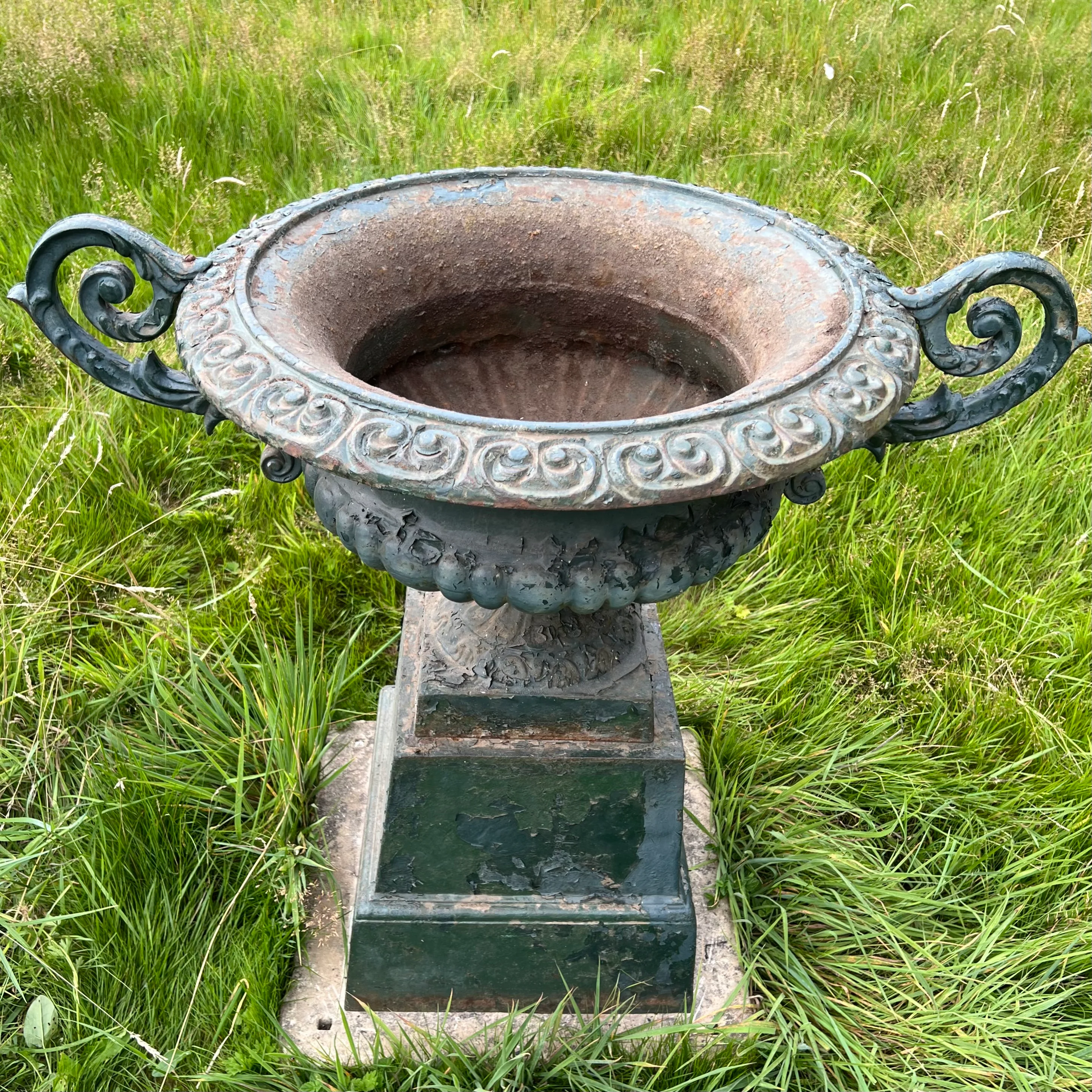Pair of English Cast Iron Garden Urns with Plinths c.1870 - Image 16