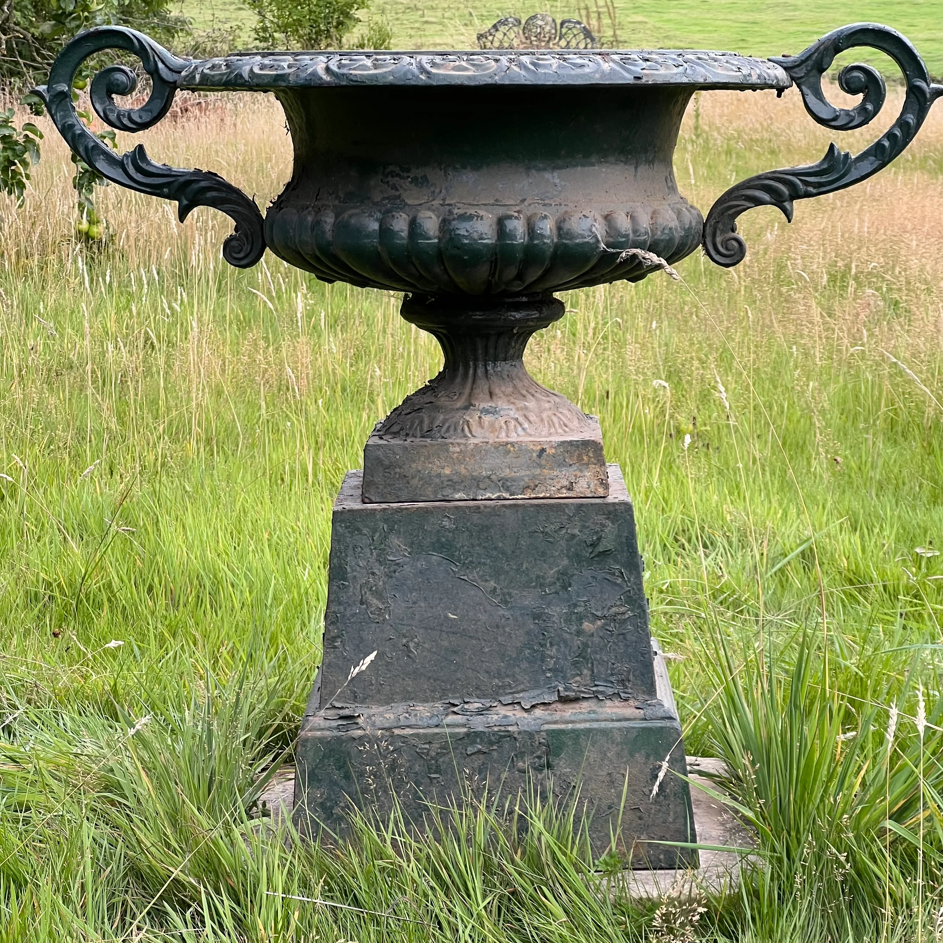 Pair of English Cast Iron Garden Urns with Plinths c.1870 - Image 6