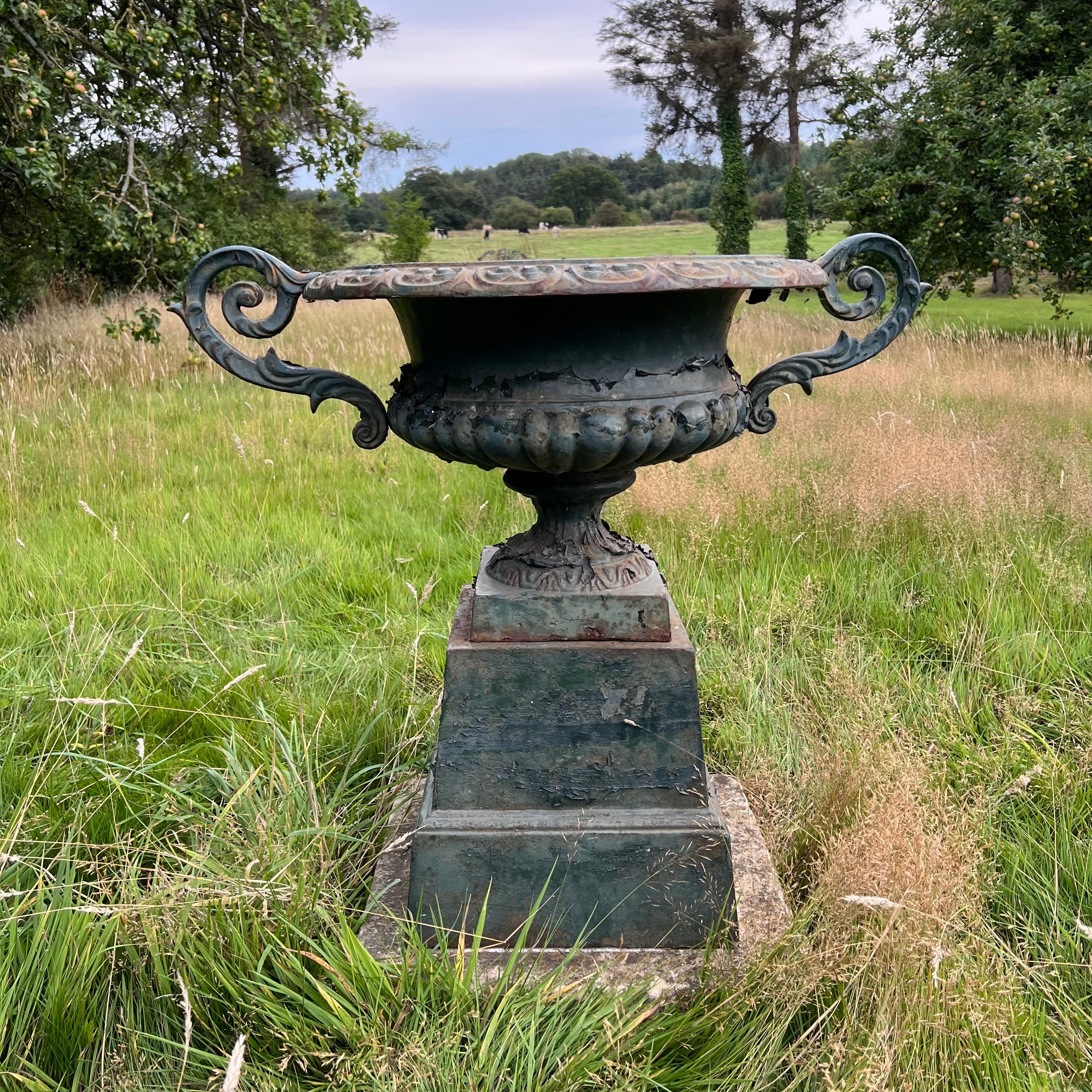 Pair of English Cast Iron Garden Urns with Plinths c.1870 - Image 8