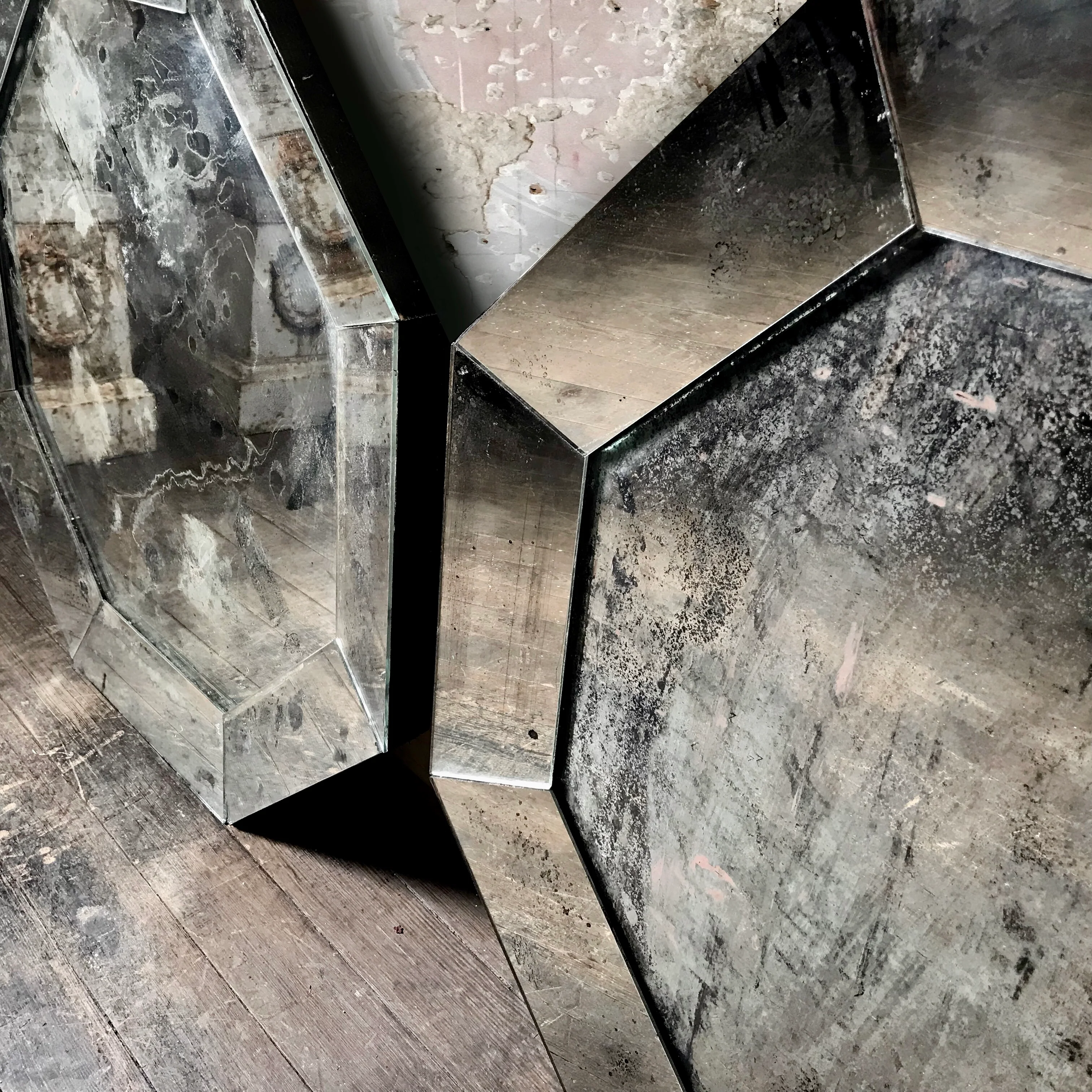 Pair of French Antique Mirror Glass Hexagonal Mirrors - Image 2
