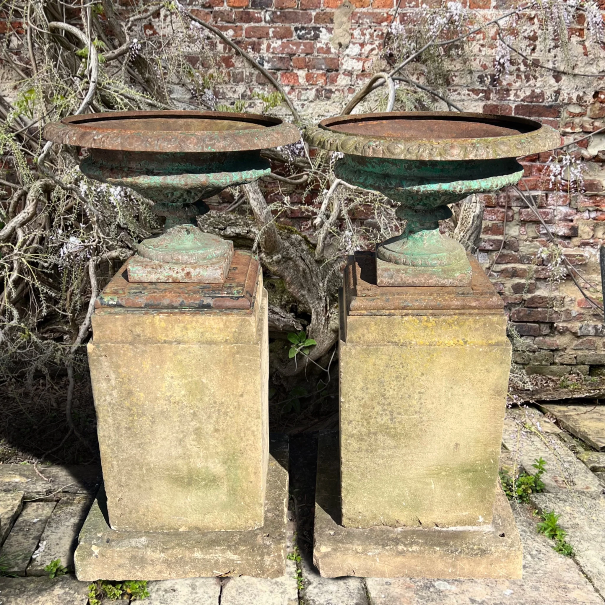 Pair of French Cast Iron Tazza Urns on Sandstone Plinths c.1880 - Image 2