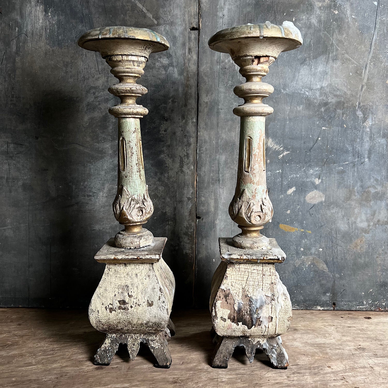 Pair of Swedish Painted Wooden Candlesticks c.1870 - Image 9