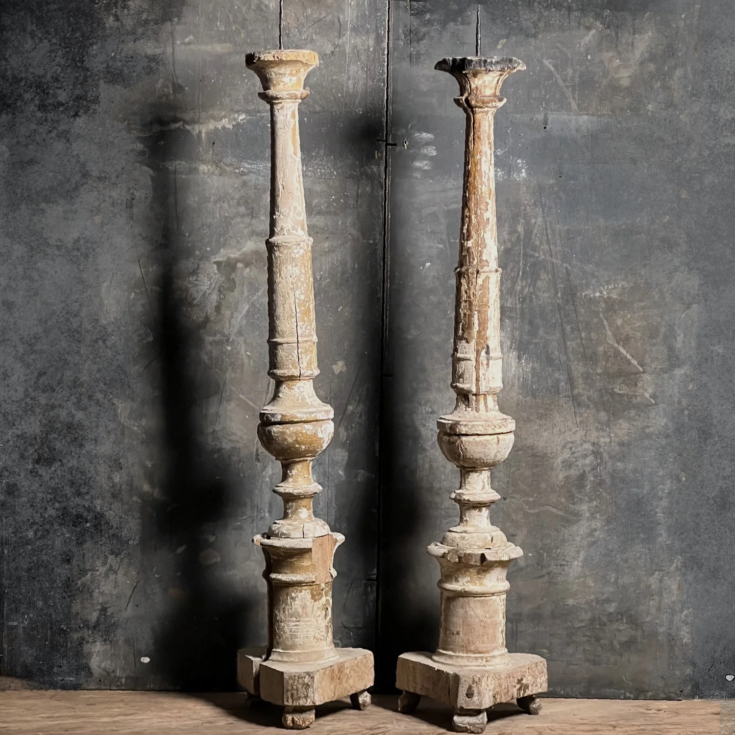 Pair of Tall Carved Painted Italian Altar Candlesticks Late 17th/Early 18th Century - Image 2