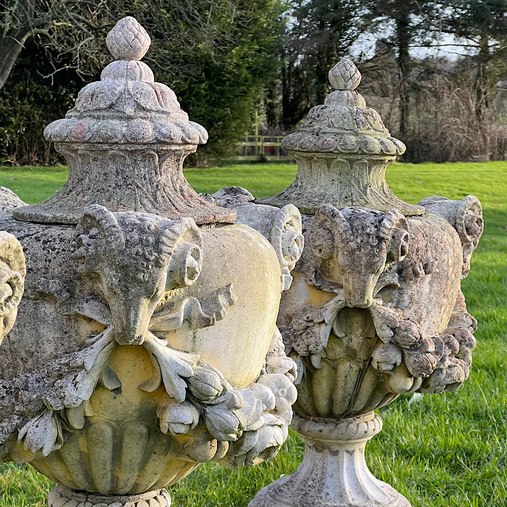Set of Three Rams Head Urns with Swags - Image 4