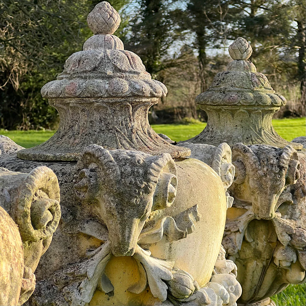 Set of Three Rams Head Urns with Swags - Image 6